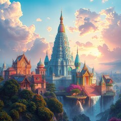 Fototapeta premium The golden spires of the Temple Si Sanphet, a relic of Ayutthaya's ancient glory, rise against the twilight sky, mirroring the Kremlin's red-brick majesty in Moscow