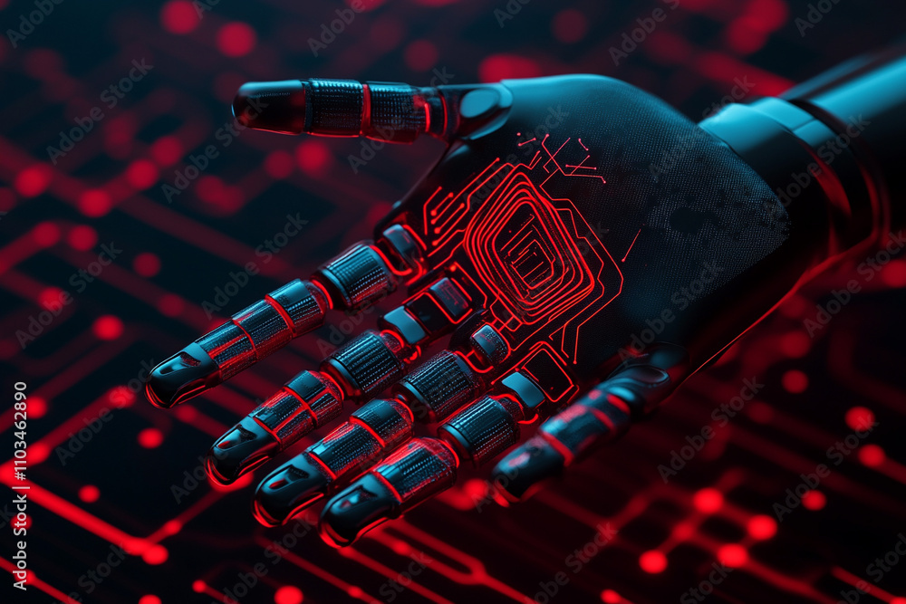 Poster ai-generated robotic hand demonstrating technology in a futuristic environment close-up view concept