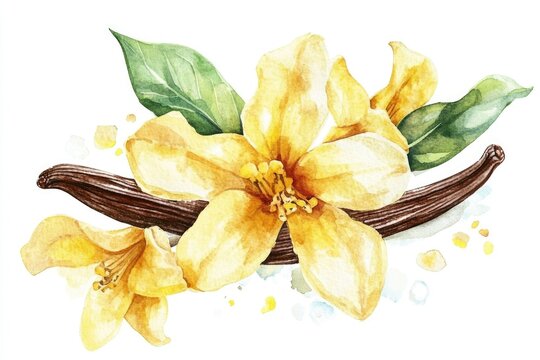 Watercolor Vanilla Blossom and Pods. Organic Aromatherapy Concept