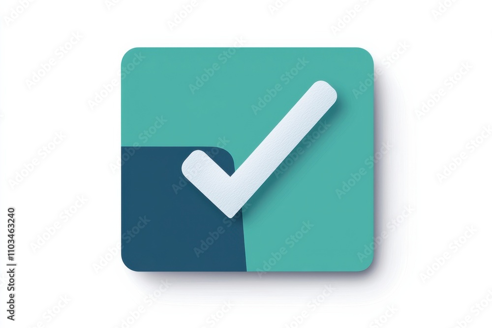 Poster register confirmation conceptual. a stylized green checkmark icon on a rounded square background, sy