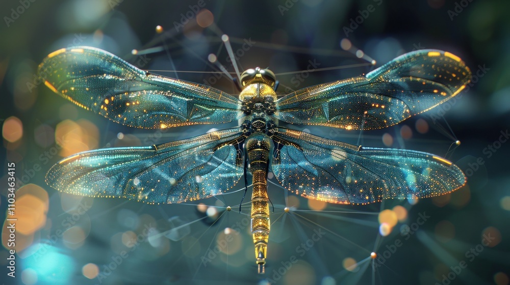 Poster a digitally rendered dragonfly with intricate details and glowing features.