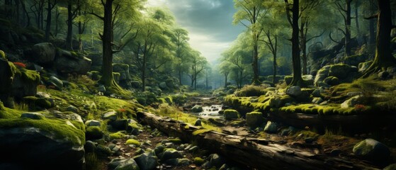 Fototapeta premium Tranquil Forest Scene with Lush Greenery and Serene Atmosphere