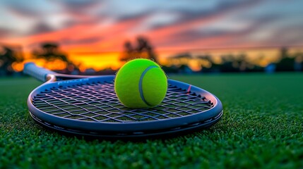 Tennis ball resting on racquet with sunset backdrop and clear sky, tennis advertisement with copy space