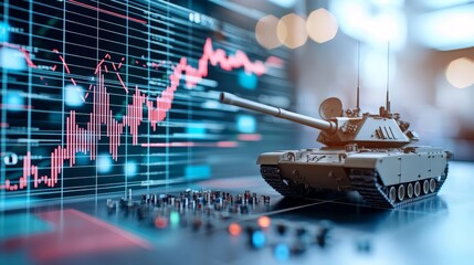 war stock market concept. Tank model with financial graphs representing economic trends.