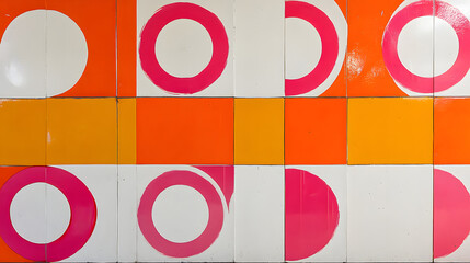 Vibrant geometric tile pattern featuring orange, pink, and white circles and squares.  A retro, mid-century modern design ideal for backgrounds or textures.