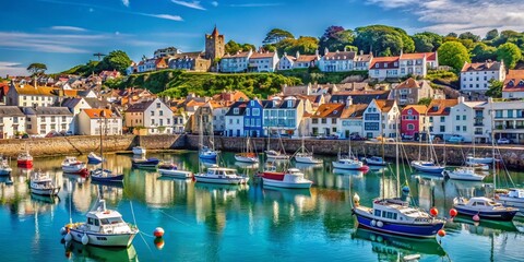 Obraz premium Captivating Views of Saint Peter Port, Guernsey: A Stunning Documentary Photography Exploration of Coastal Charm, Historic Architecture, and Lush Landscapes