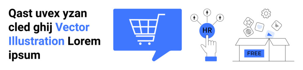 Shopping cart in blue chat bubble, HR button with a hand, open box with free sign and various icons. Ideal for e-commerce, HR tools, online shopping, free offer, digital marketing, service apps