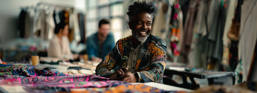 Joyful Black teacher films tutorial on fashion design at desk