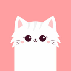 White cat face head. Fluffy kitten girl. Cute cartoon funny kitty character. Kawaii animal in love. Happy Valentines Day. Love Greeting card . Flat design. Pink background. Vector illustration