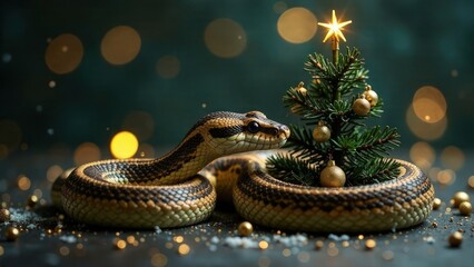 Fototapeta premium A snake wraps around Christmas tree against a bright lights background with copy space. Golden snow bokeh. New Year symbol of Eastern calendar. Holiday postcard. Mockup design of invitation card