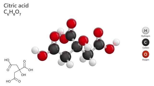 Molecule of Citric Acid. E330 Food additive. Organic weak acid. Molecular formula: C6H8O7. 3D model. Ball and sticks. White background. 3D rendering. Seamless loop.