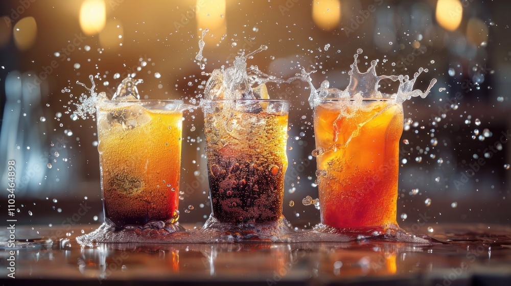 Aufkleber three glasses of drinks splashing with ice, creating a vibrant and dynamic scene.