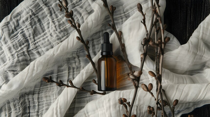 Top view of bottle with face serum on white textile and black wooden background. Dry alder branch.