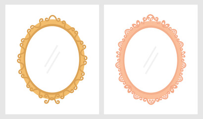 Luxury gold and pink color frame or mirror icon signs isolated on white background vector.