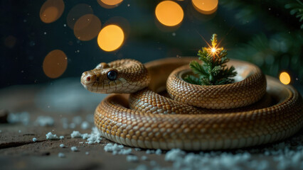 Fototapeta premium A snake wraps around Christmas tree against a bright lights background with copy space. Golden snow bokeh. New Year symbol of Eastern calendar. Holiday postcard. Mockup design of invitation card