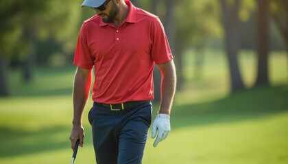 A determined golfer strides across a lush green course, dressed in a bright red polo and sleek navy pants, embodying both style and concentration. The soft sunlight filters through the trees, casting