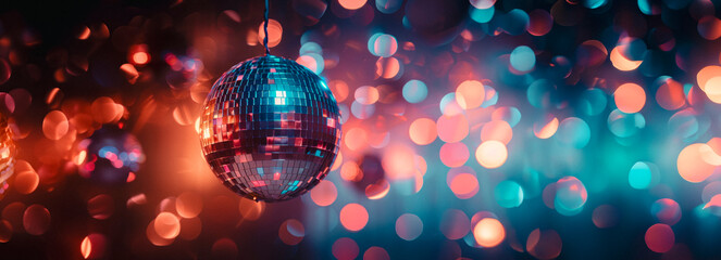 Dazzling Disco Ball Illuminated by Colorful Lights: Ideal Background for Party Nights with Room for Text