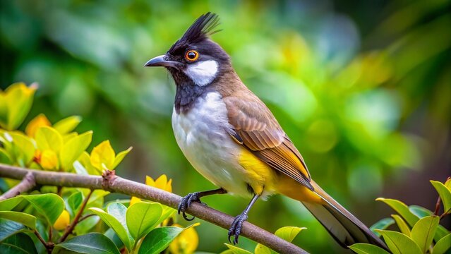 Captivating White-eared Bulbul Bird Perched on a Branch in Lush Greenery, Showcasing Its Unique Features and Natural Habitat for Stunning Product Photography