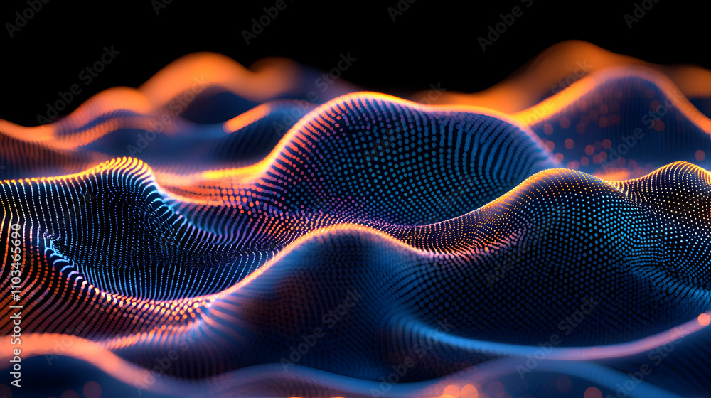 Poster abstract digital wave background. glowing particles form undulating hills in shades of blue and oran