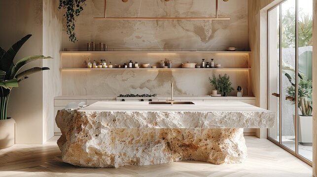 A kitchen island made of textured sandstone conveys a minimal structure with floating shelves, terracotta tiles, and golden lines.