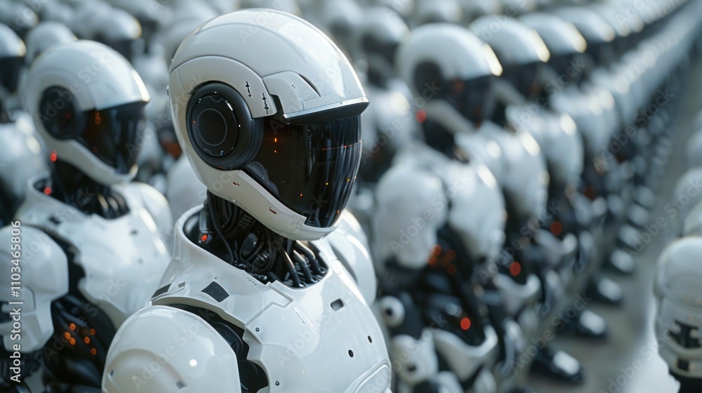 Poster a lineup of futuristic robots with sleek designs and advanced technology.