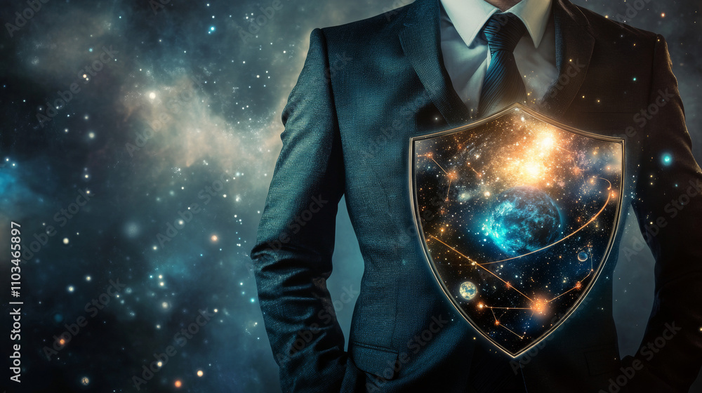 Poster abstract image of businessman in suit with shield in the form of a starry sky or space, consisting o