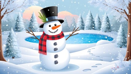 Obraz premium Happy snowman wearing a top hat and scarf stands in a snowy landscape with trees around a frozen lake at sunset