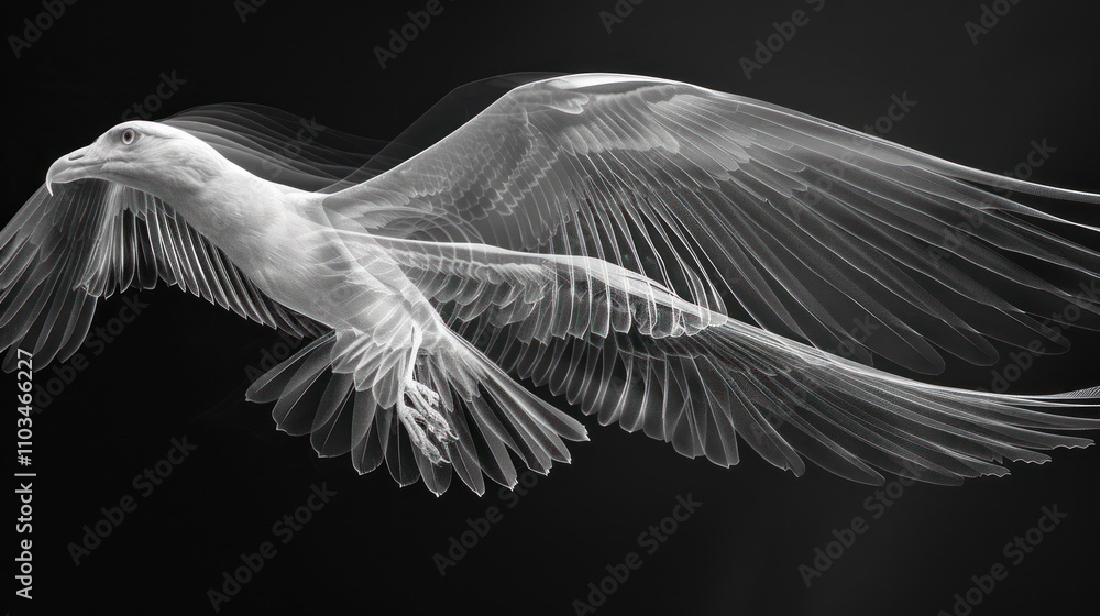 Poster an artistic x-ray image of a bird in flight, showcasing its skeletal structure and wings.