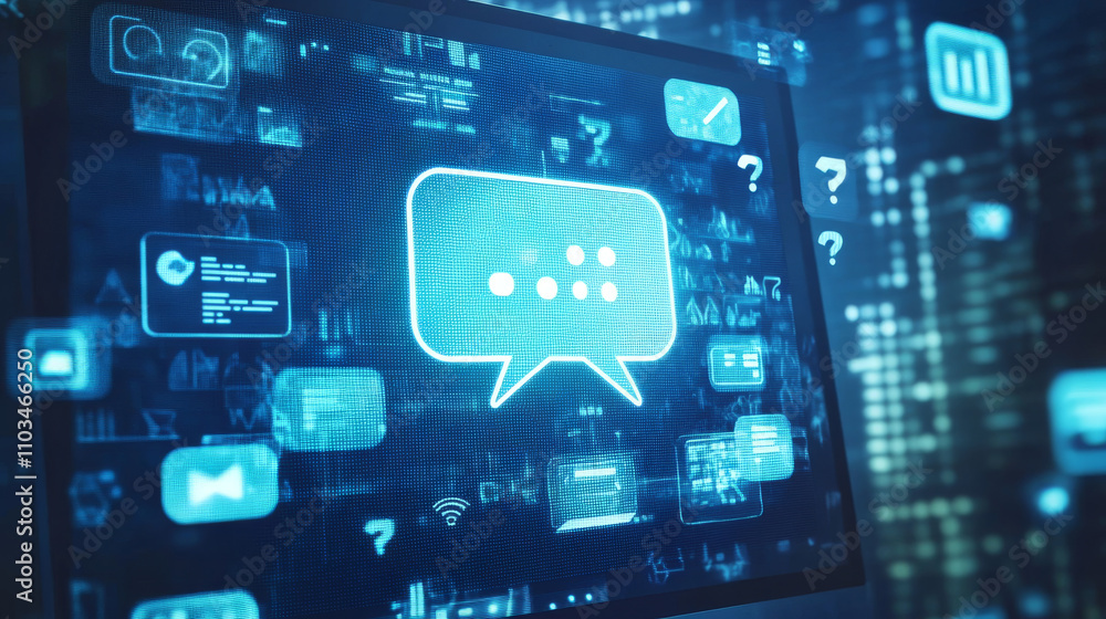 Poster chatbot abstract logo on a computer monitor screen and speech bubbles, question marks, and quote ico