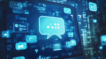 Chatbot abstract logo on a computer monitor screen and speech bubbles, question marks, and quote icons. Digital chatting artificial intelligence concept on technology blue background. Low poly vector