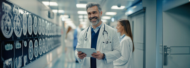 Mobile Latin Surgeon Analyzing Brain MRI Scans on Tablet in Hospital Corridor, Flashing a Smile
