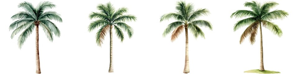 Four tall palm trees with lush green fronds against a white background. Summer element playful collection