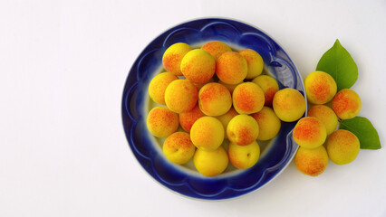 Apricots in a plate isolated on a white background. Fresh apricots in a blue plate with two green leaves. Still life. Copy sp