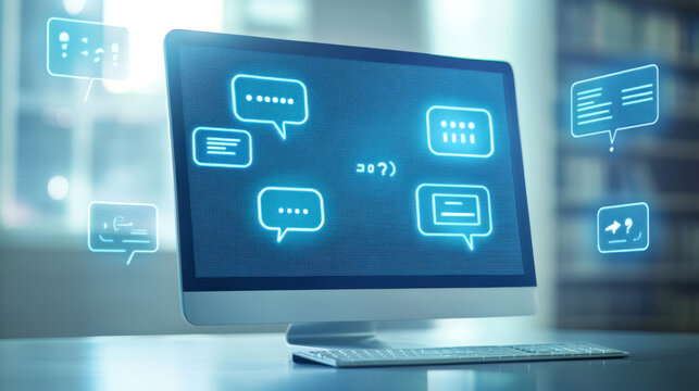 Chatbot abstract logo on a computer monitor screen and speech bubbles, question marks, and quote icons. Digital chatting artificial intelligence concept on technology blue background. Low poly vector