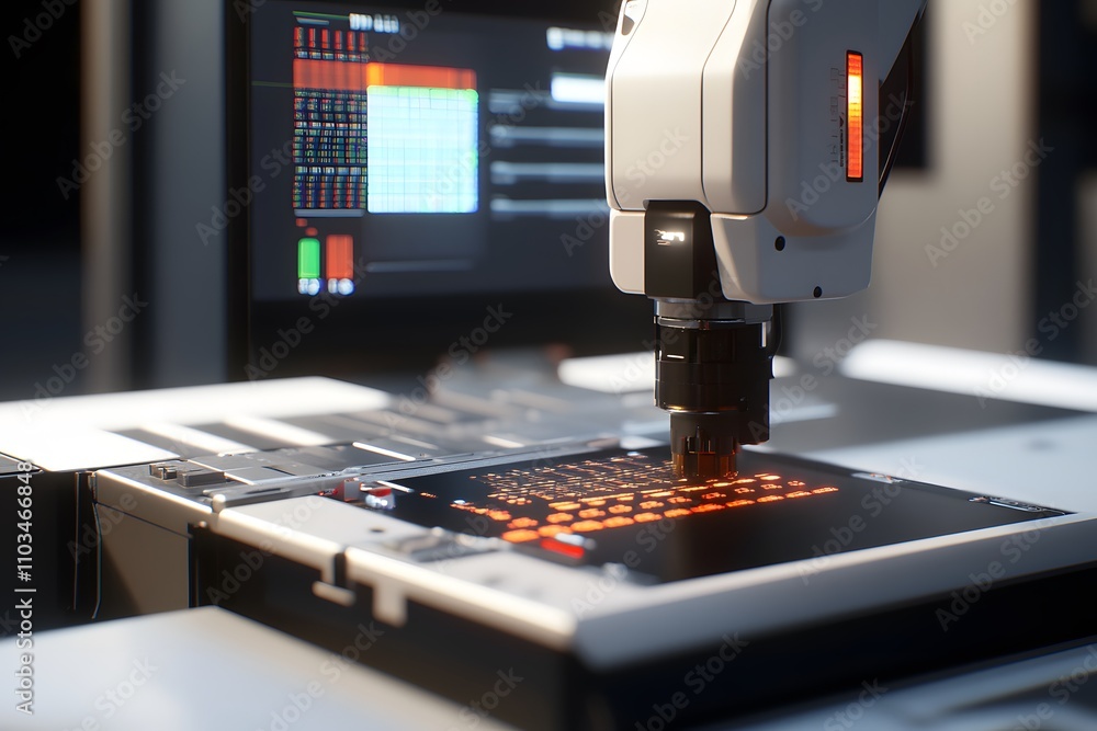Poster a robotic arm working on a circuit board in a high-tech environment.