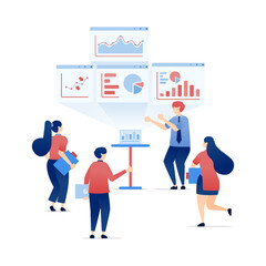 vector illustration of Business Presentation Attendees Analyze Strategy and Planning Charts for Corporate and Career Development. Can be used for banners, websites, apps flyers