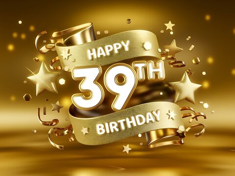 Happy 39th Birthday in a festive gold and glitter design.