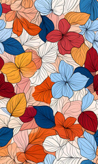 Floral flowers and beautiful colorful leaves wallpaper seamless pattern for interior decoration or background.