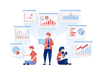 vector illustration of People Share and Review Financial Portfolios, Discussing Past Data and Planning for Future Achievements. Can be used for banners, websites, apps flyers