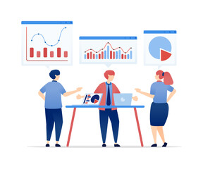 vector illustration of Discussion of Financial Charts for Strategic Planning and Future Goals at a Corporate Meeting Table. Can be used for banners, websites, apps flyers