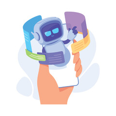 Hand with Smartphone and Robot as Smart Android Assistant Machine Vector Illustration
