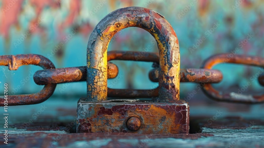 Poster a close-up of a rusty padlock and chain, symbolizing security and confinement.