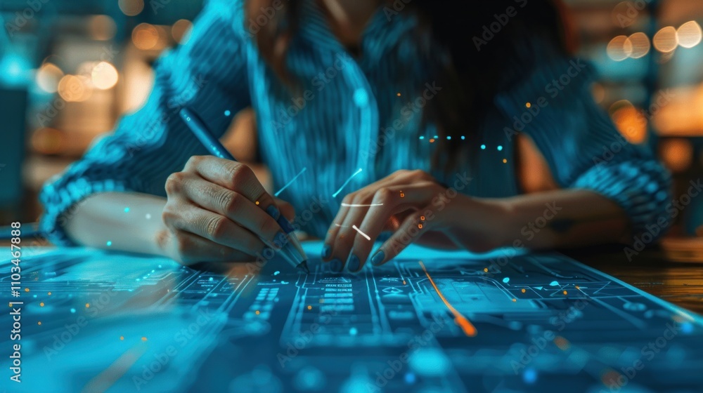 Poster a person sketching technical designs with digital overlays for a project.