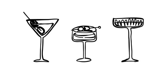 Set of Glass with drink and olive hand drawn in doodle style. Food, kitchen, menu. Vector illustration for design.