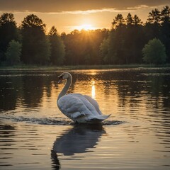 A swan gliding across a tranquil lake at dawn with soft golden light.