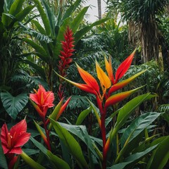 Obraz premium A vibrant tropical garden with heliconia and hibiscus.