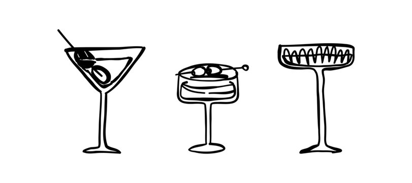 Set of Glass with drink and olive hand drawn in doodle style. Food, kitchen, menu. Vector illustration for design.