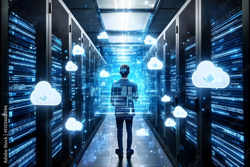Aufkleber a person stands in a data center surrounded by digital cloud icons, representing cloud computing.