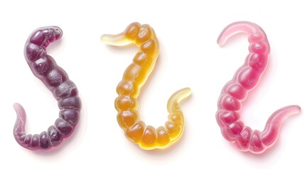 Obraz premium Gummy Worms and Candy on White Background - A Sweet and Colorful Confectionery Display. The Delightful Gummy Worms and Assorted Candies on the Plain White Background, with Their Bright Colors and Temp