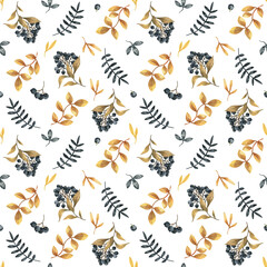Watercolor autumn seamless pattern with yellow leaves and black berries.